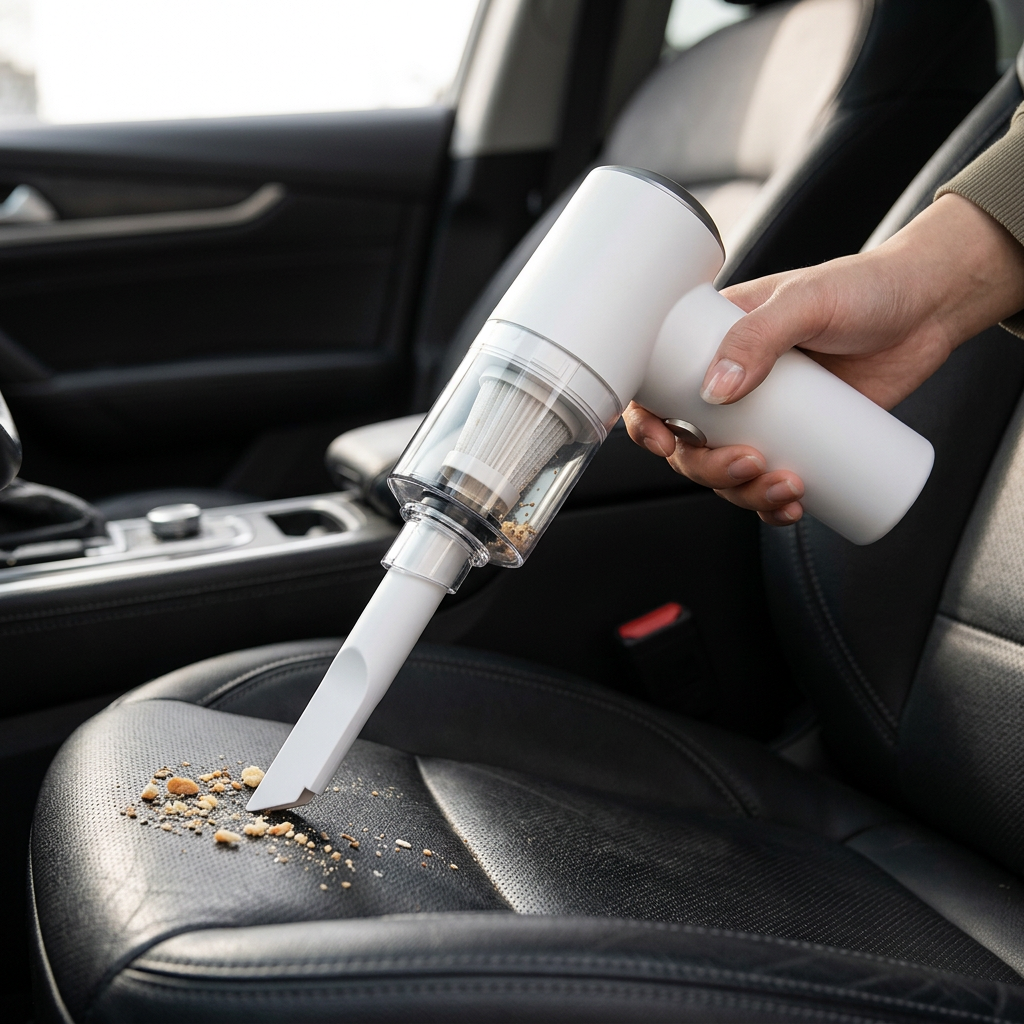 Vacuuming crumbs from a car seat